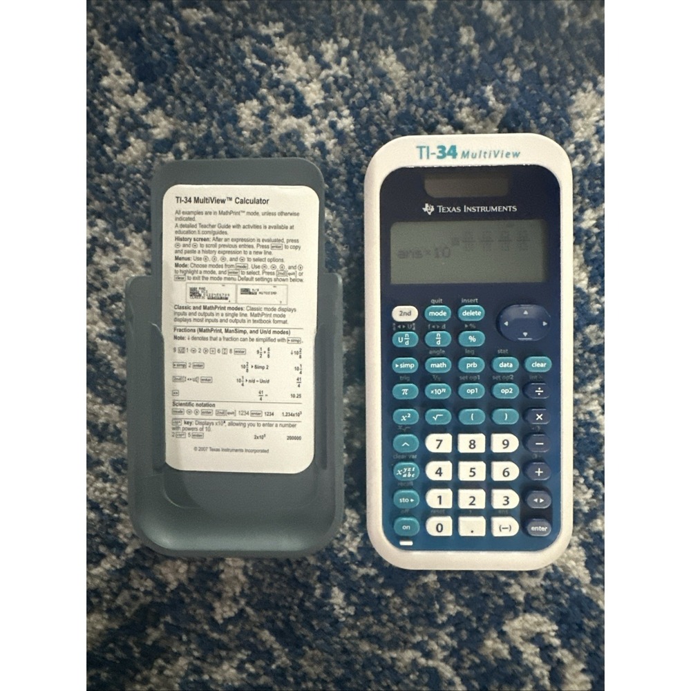 Texas Instruments TI-34 Multiview Calculator TESTED WORKING Blue Solar w/ Cover